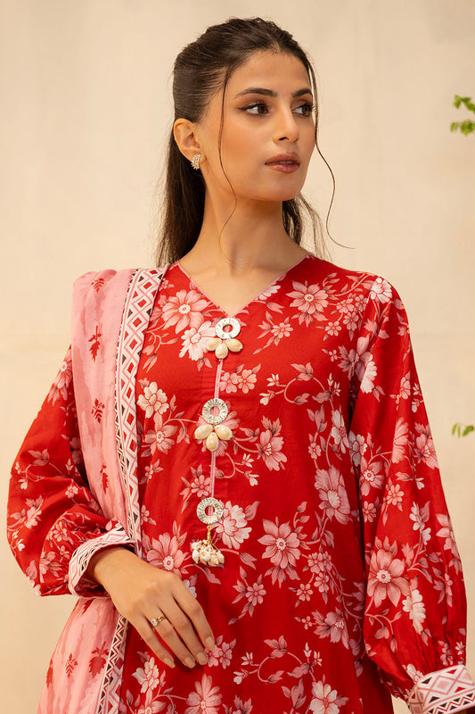 3 Piece Printed Lawn Shirt Shalwar Dupatta in Red Color